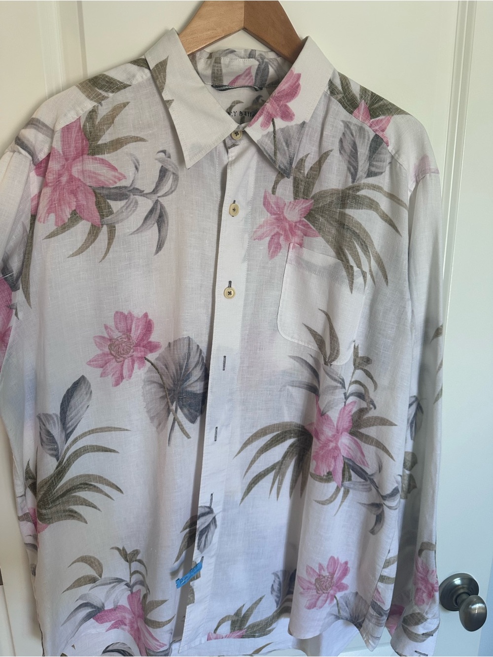 Tommy Bahama White Linen Button-Up Shirt with Pink & Brown Floral Print